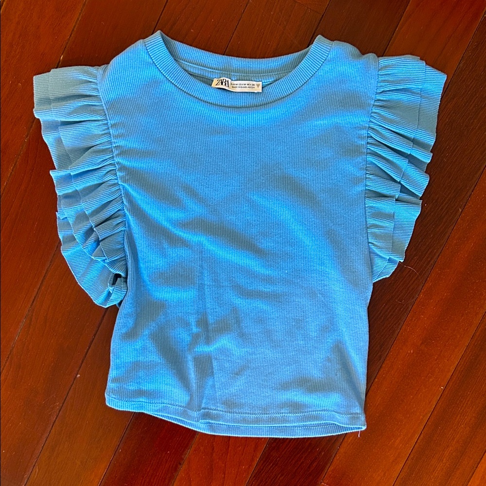 Zara Kids Sky Blue Ruffle Sleeve Tee